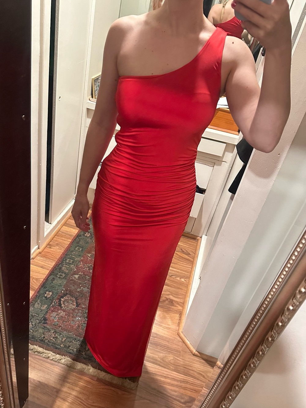Revolve Red One-Shoulder Ruched Bodycon Maxi Dress